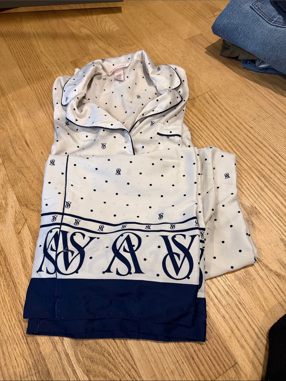 Victoria's Secret White and Navy Polka Dot Satin Pajama Set